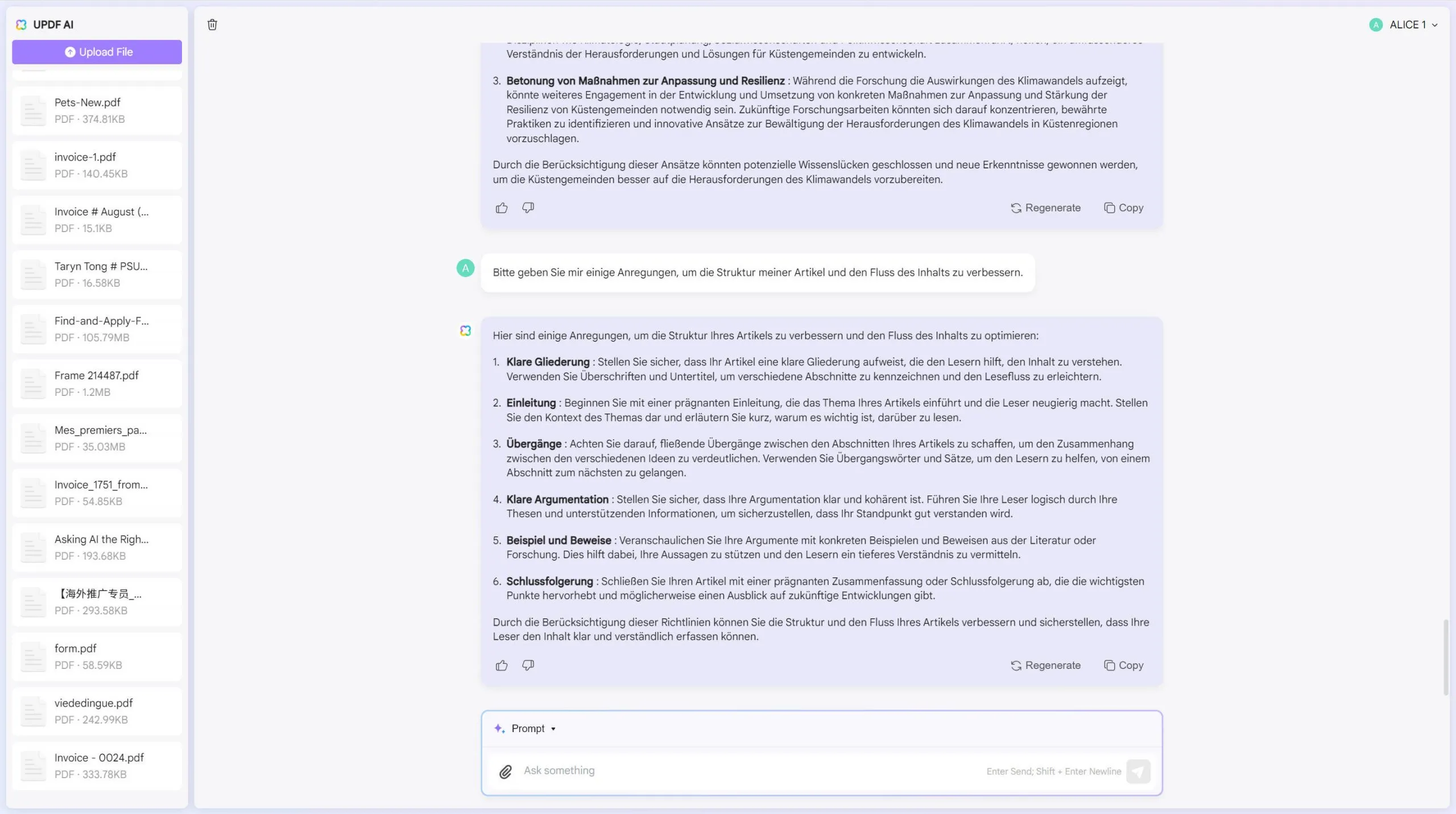 Vorschlag zur Verbesserung des Essayflusses mit UPDFs AI Assistant Online