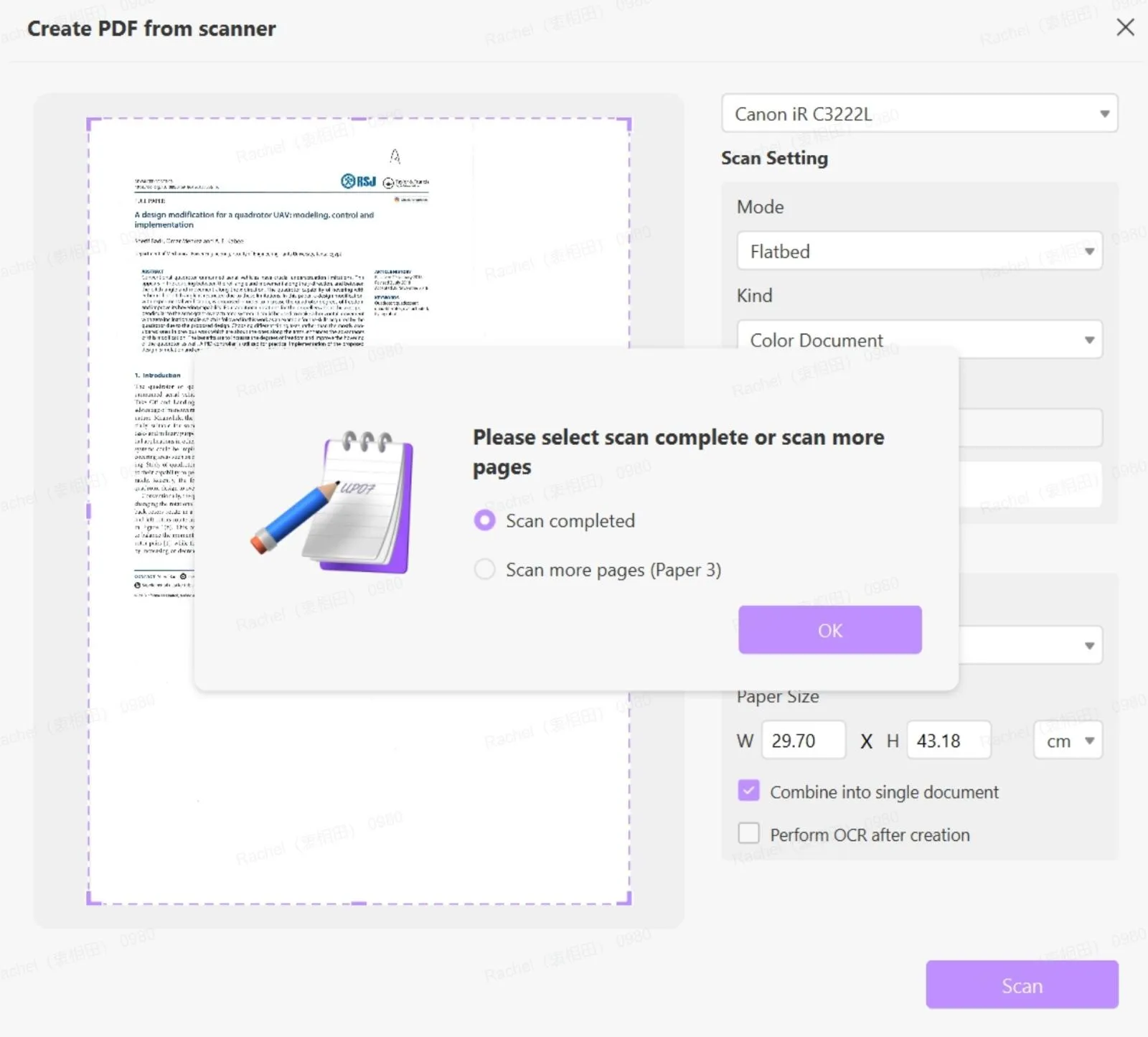 how to scan a document into email click scan completed and then ok in UPDF