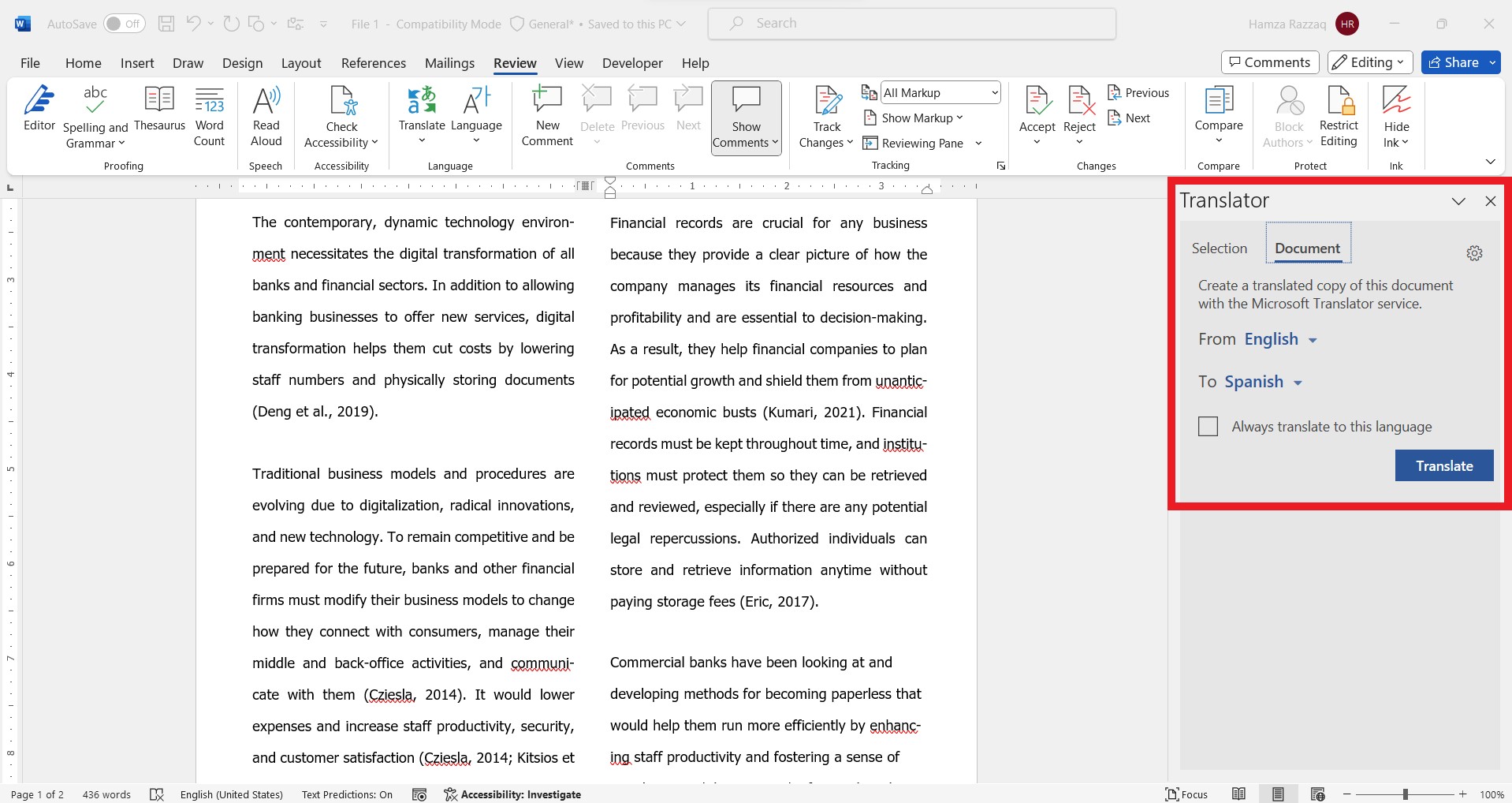 how to translate word document MS Word