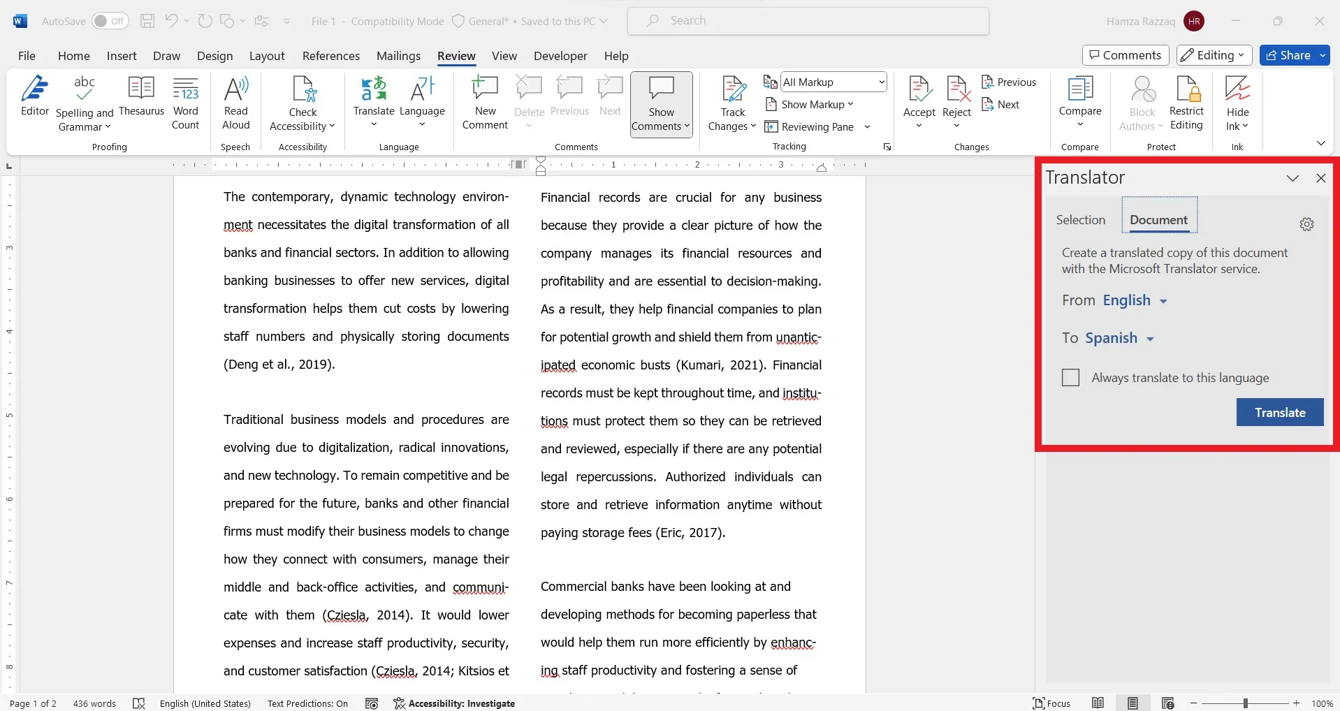 how to translate word document MS Word