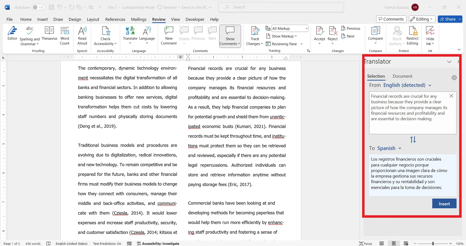 how to translate word document MS Word