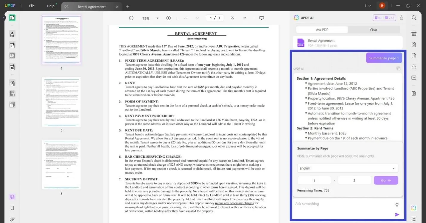 summarize specific pages of a PDF