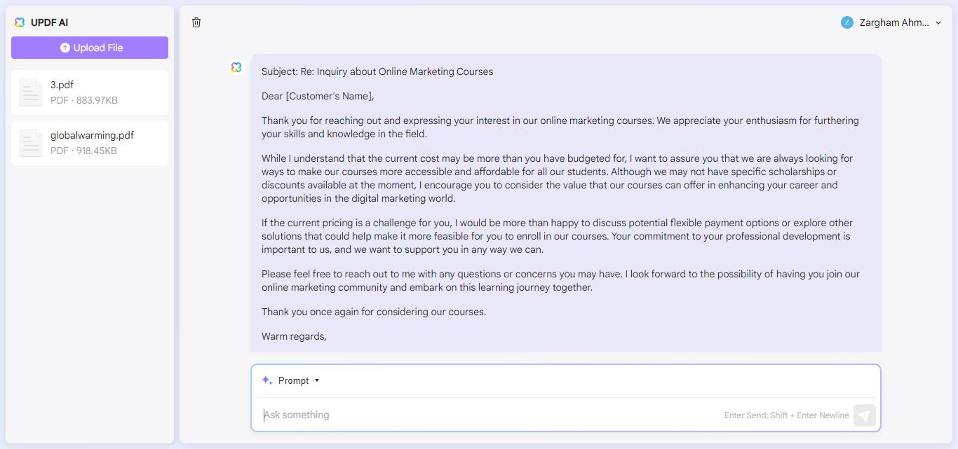 how to use ai in sales generate a reply with AI Assistant Online of UPDF