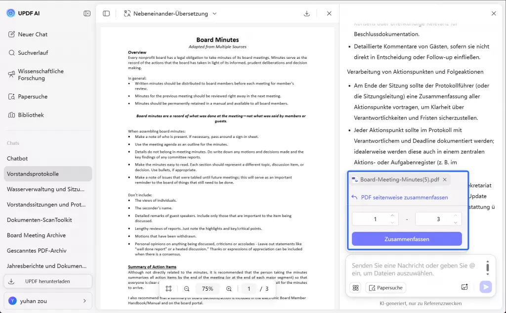 Seitenbereich der Zusammenfassung anpassen