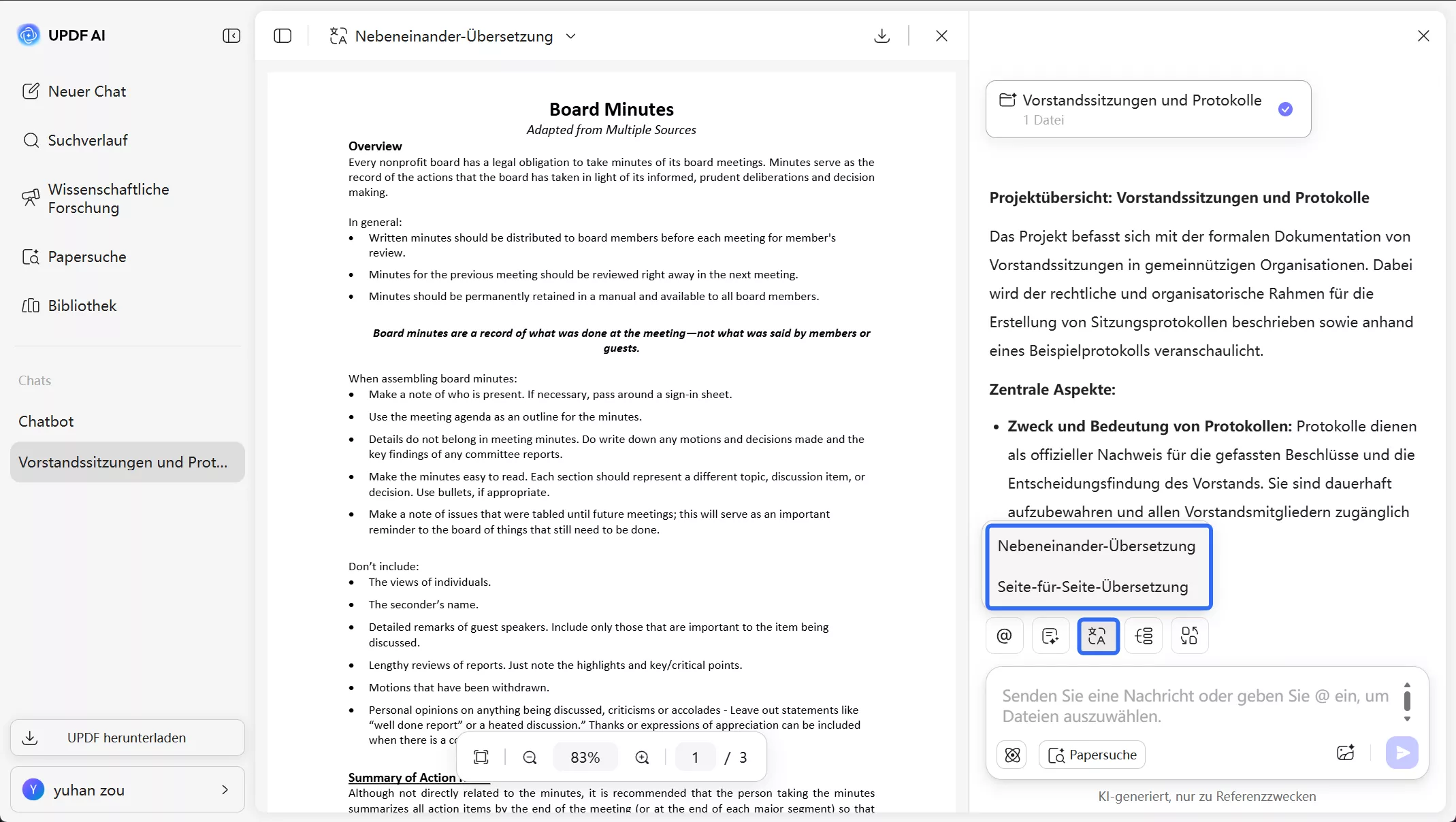 Übersetzungsoptionen auswählen