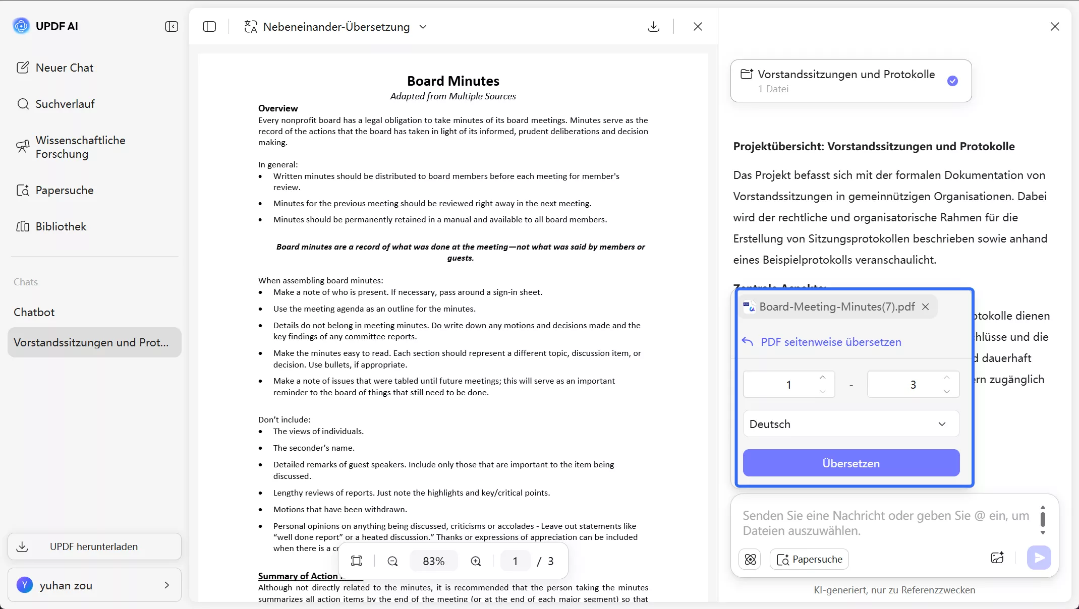 Sprache und Seitenbereich auswählen