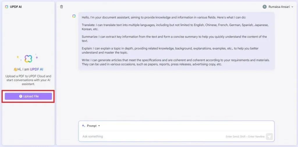 click upload file with UPDF's AI Assistant Online