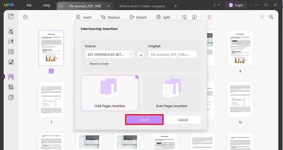 select insertion type and click insert to interleave pages with UPDF