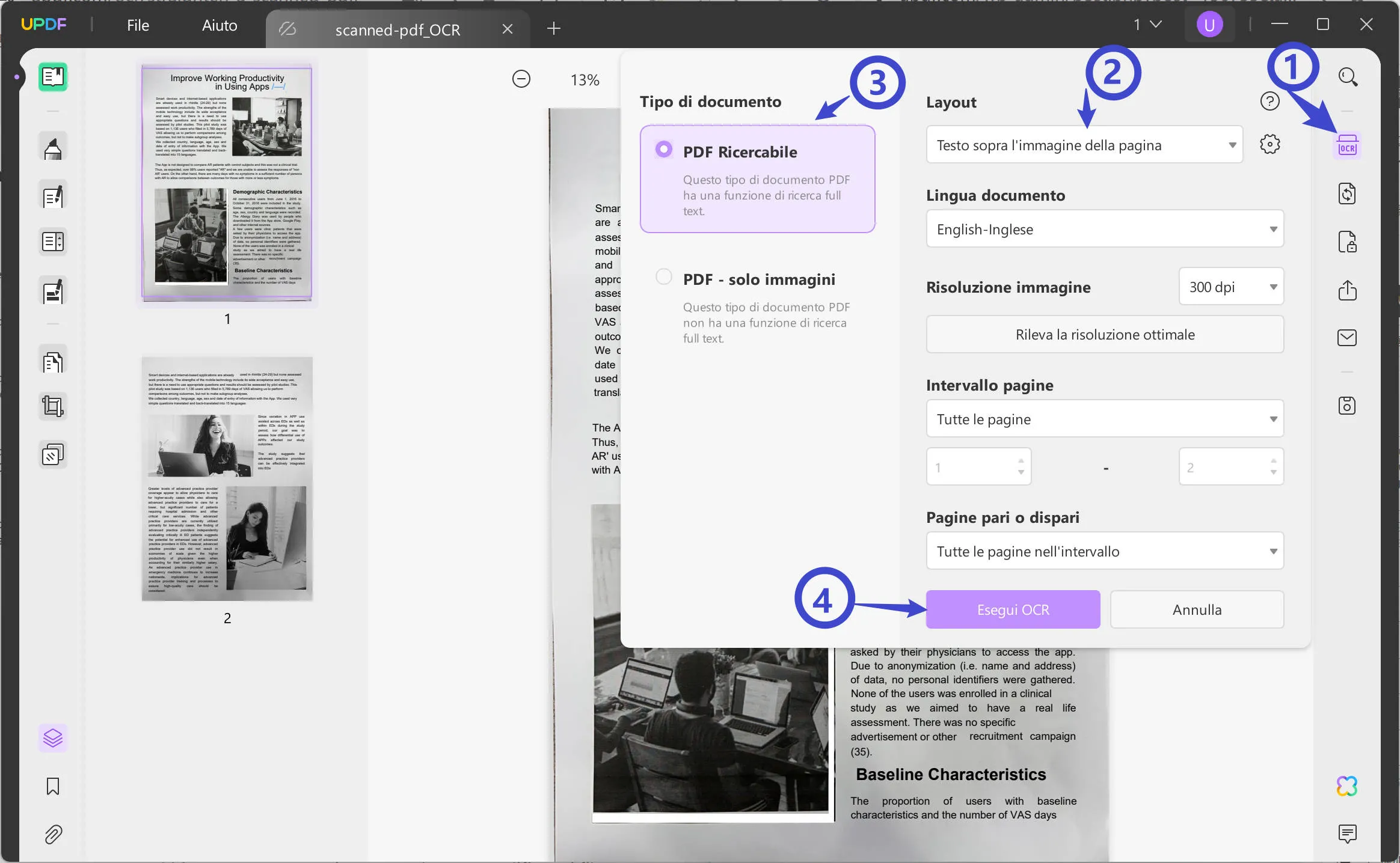 Raddrizza un PDF scansionato Raddrizza un PDF scansionato con UPDF eseguendo l'OCR