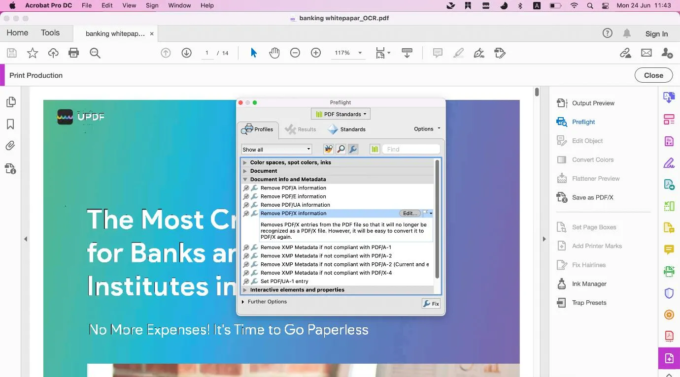 remove PDF/X information from the PDF with Adobe Acrobat