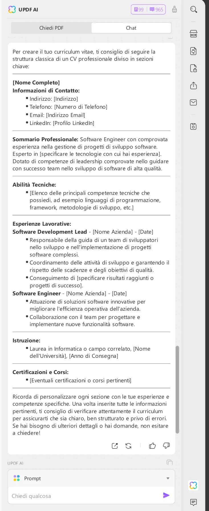 prompt di ChatGPT per curriculum