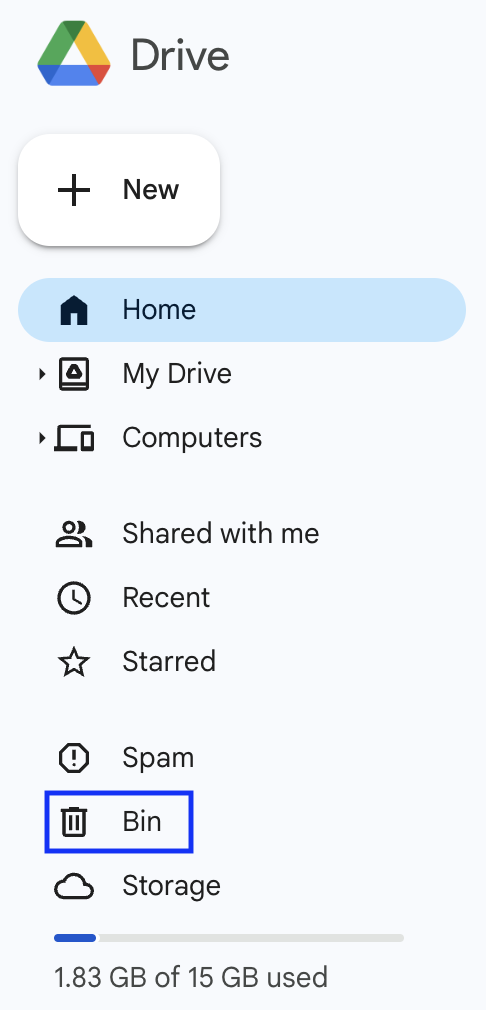 select bin in Google Drive