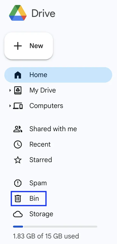 select bin in Google Drive