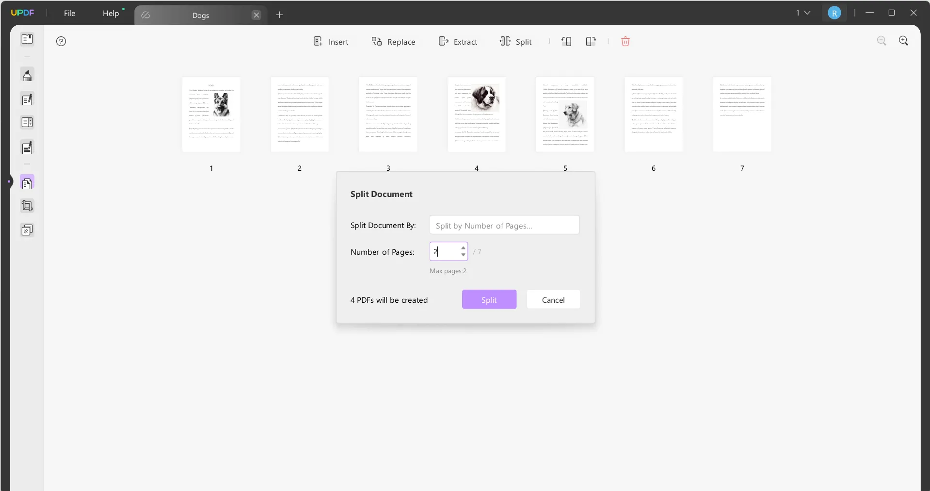 enter the number of pages to split to compress scanned PDF file size with UPDF