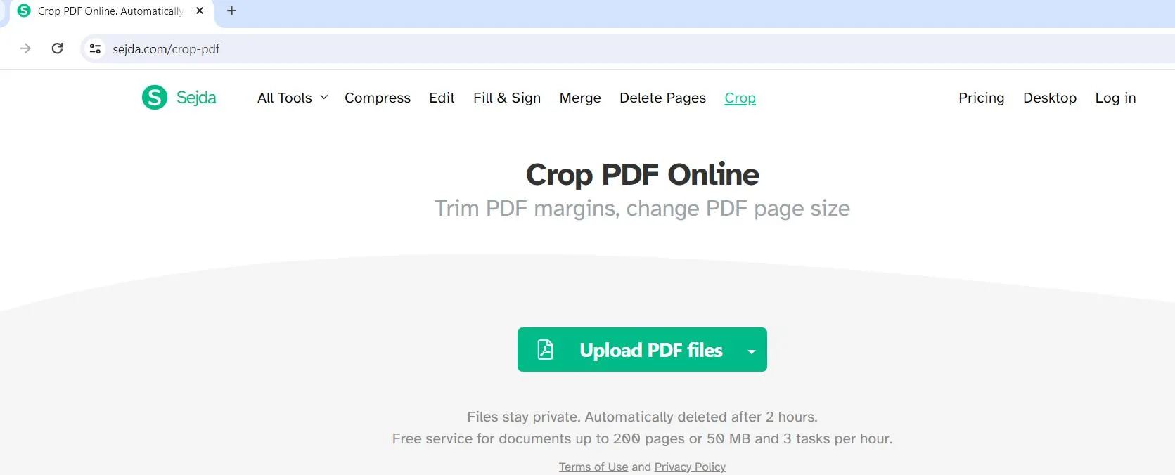 crop PDF online with sejda