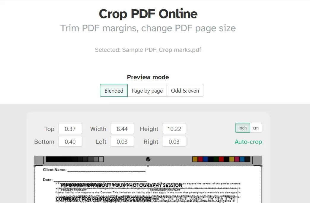 adjust the size to crop PDF page with sejda