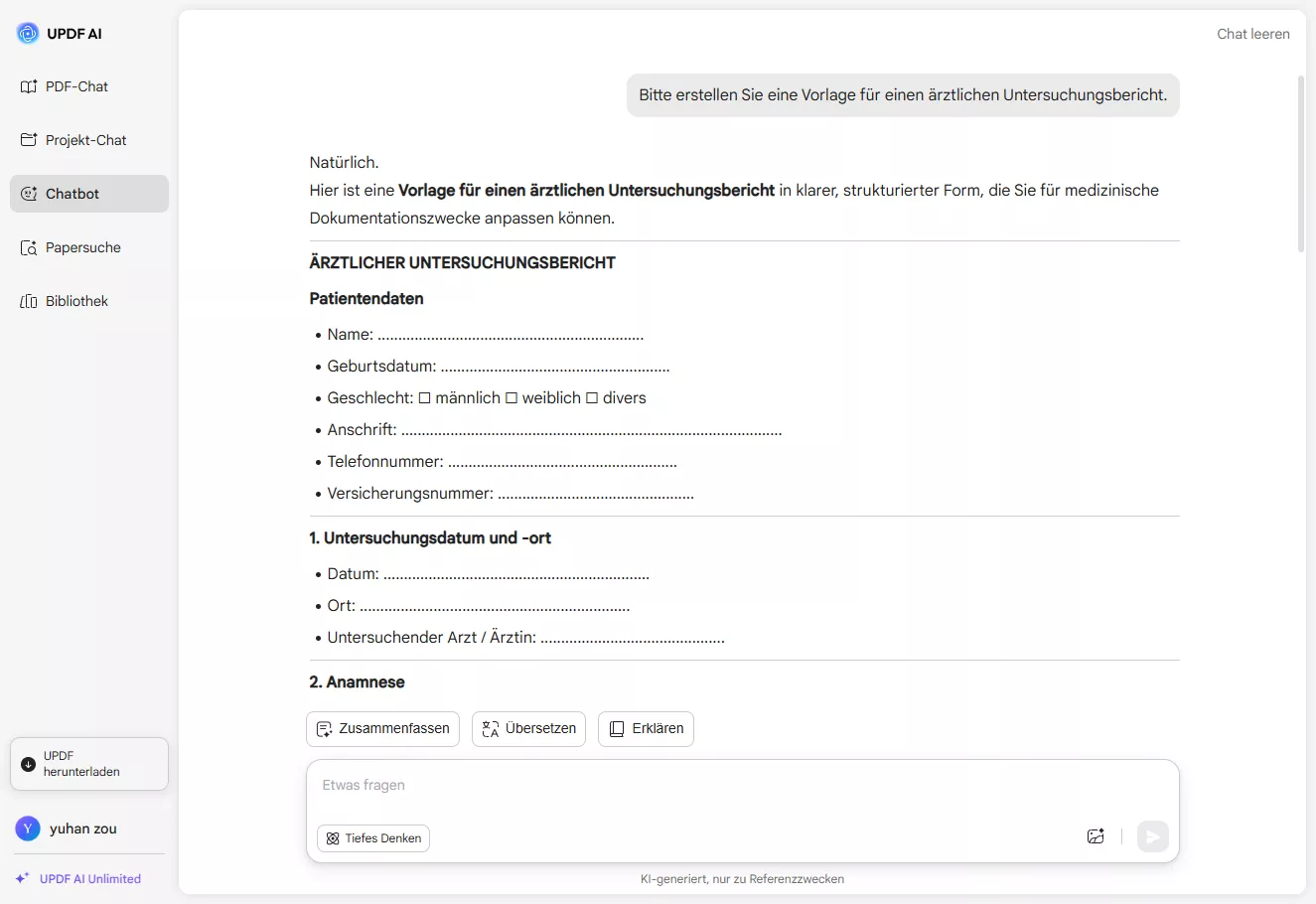 AI-Berichtsschreiber UPDF AI Web