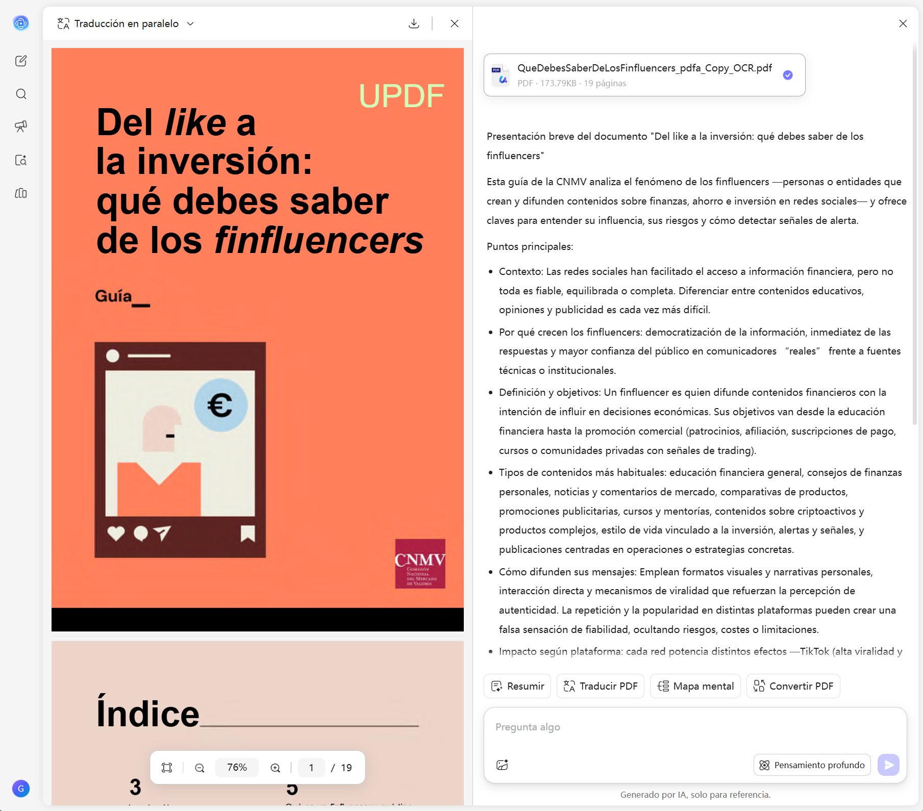 resumen de pdf generado después de la subida en updf ai online