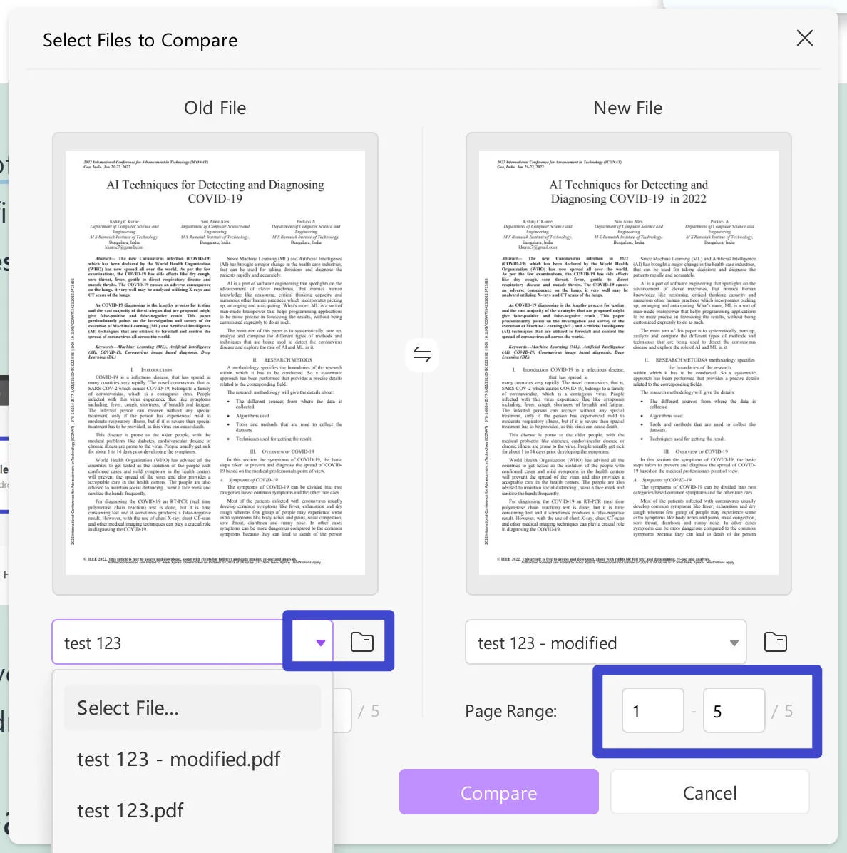 select PDFs to compare