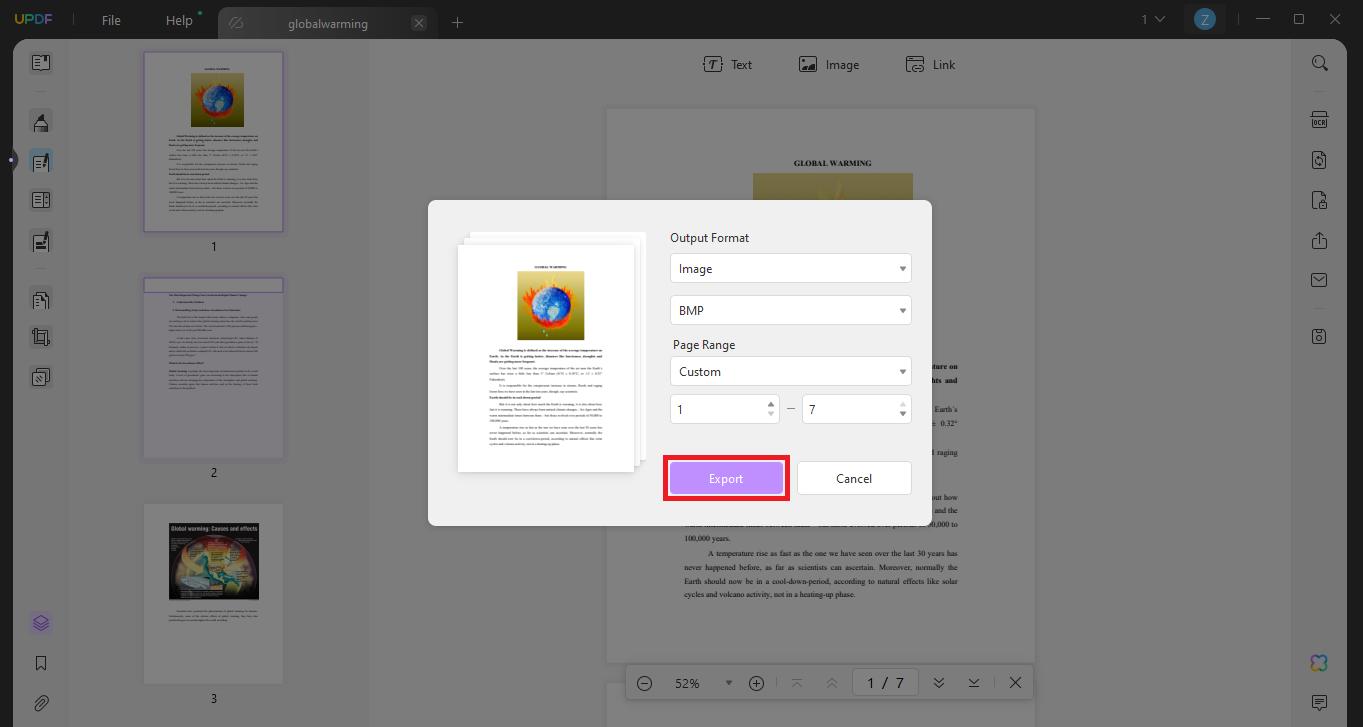 Extract images from PDF online select output format and page range and click export in UPDF