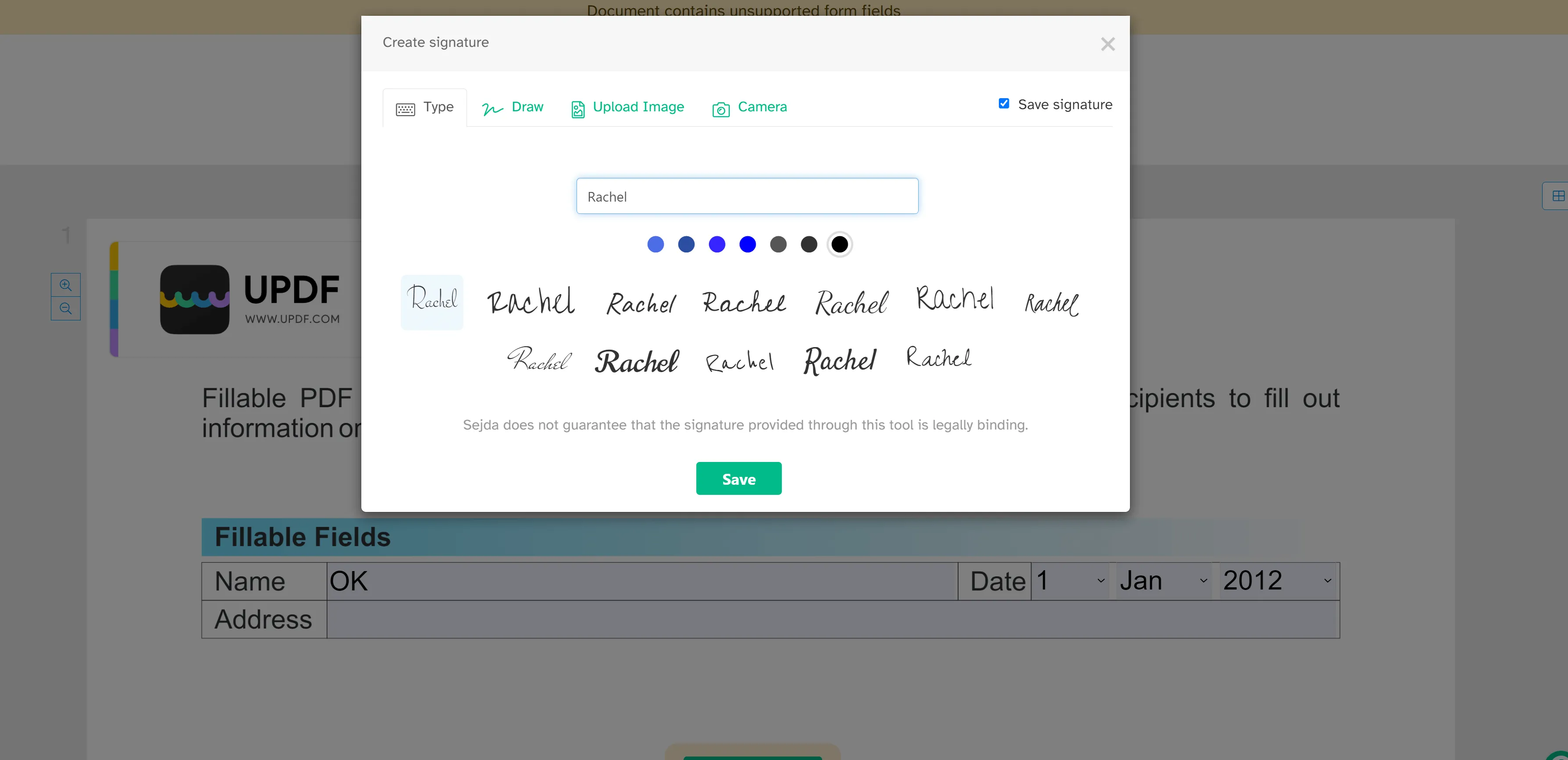 Type to create signature with sedja