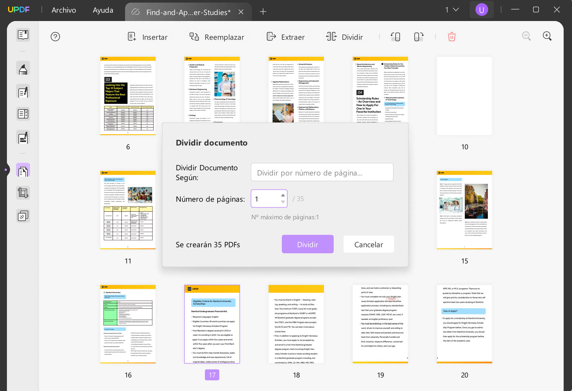 dividir pdf por tamaño especificar páginas