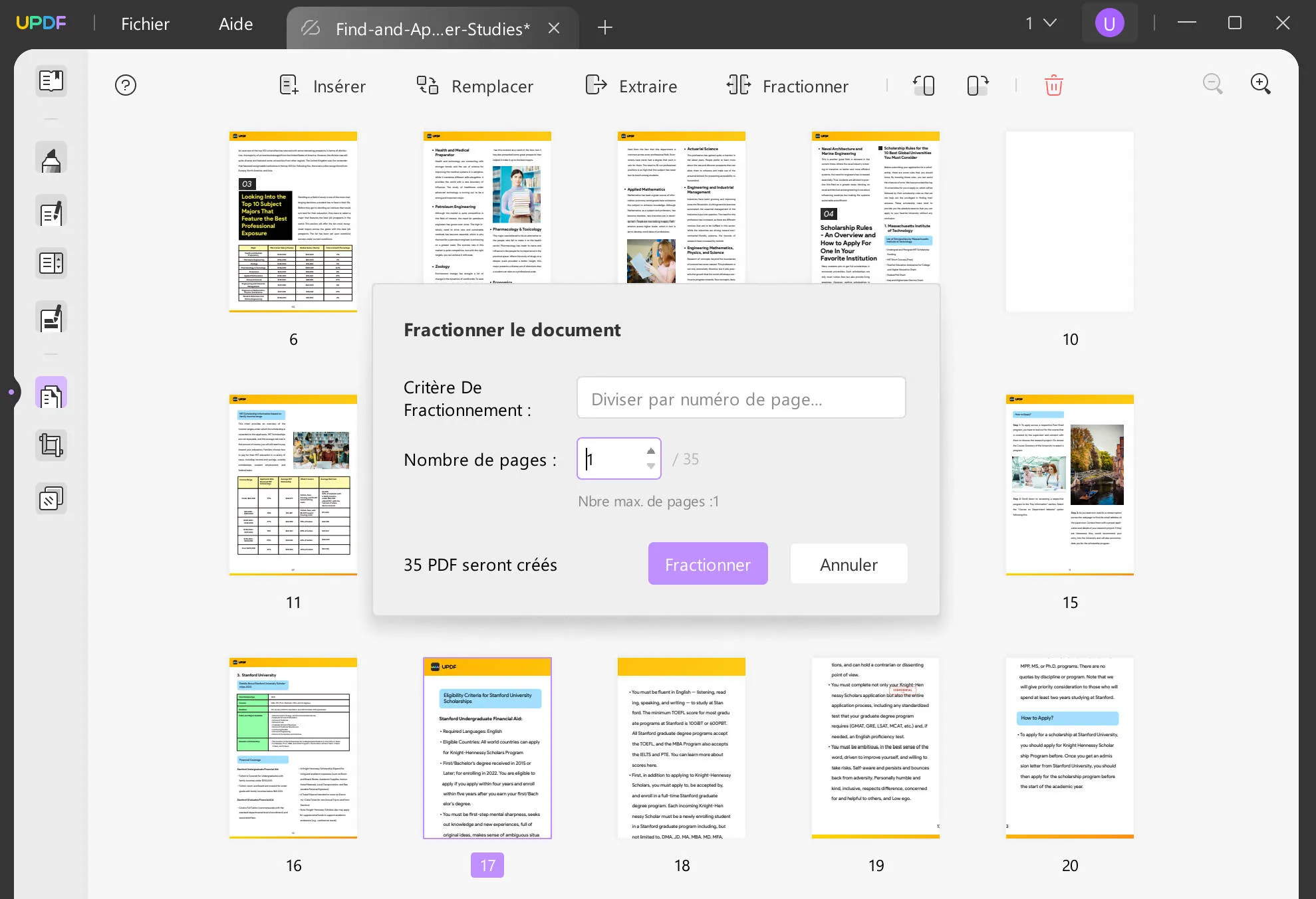 diviser le pdf par taille spécifier les pages