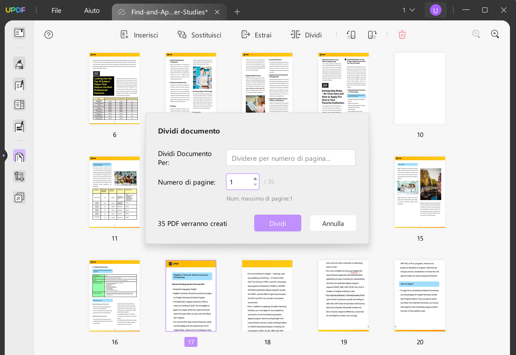 dividere il pdf per dimensione specificando le pagine