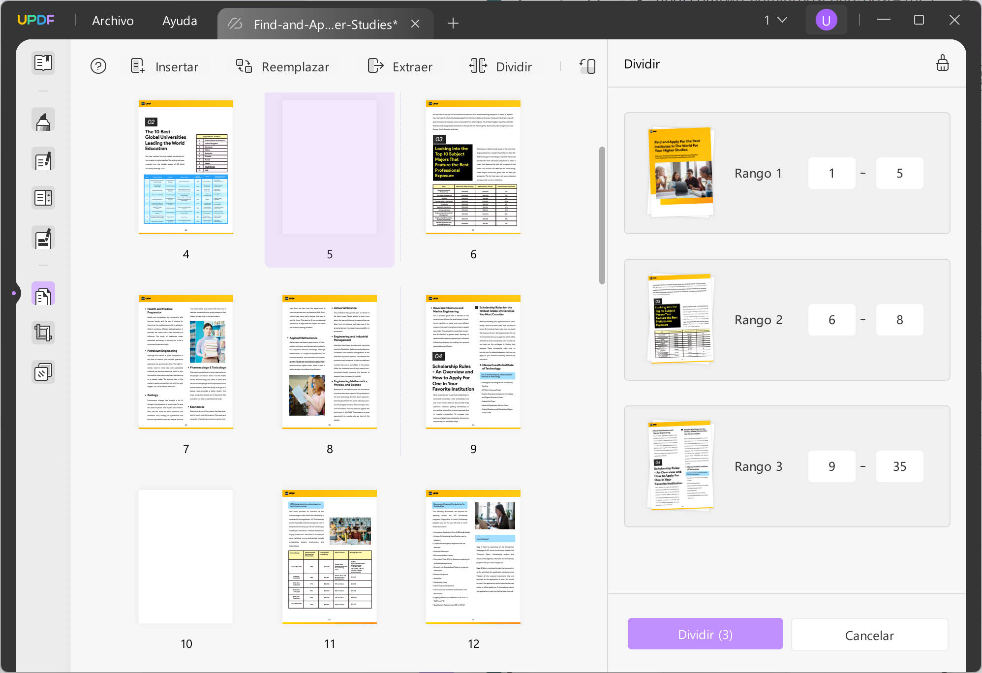 dividir pdf por tamaño dividir