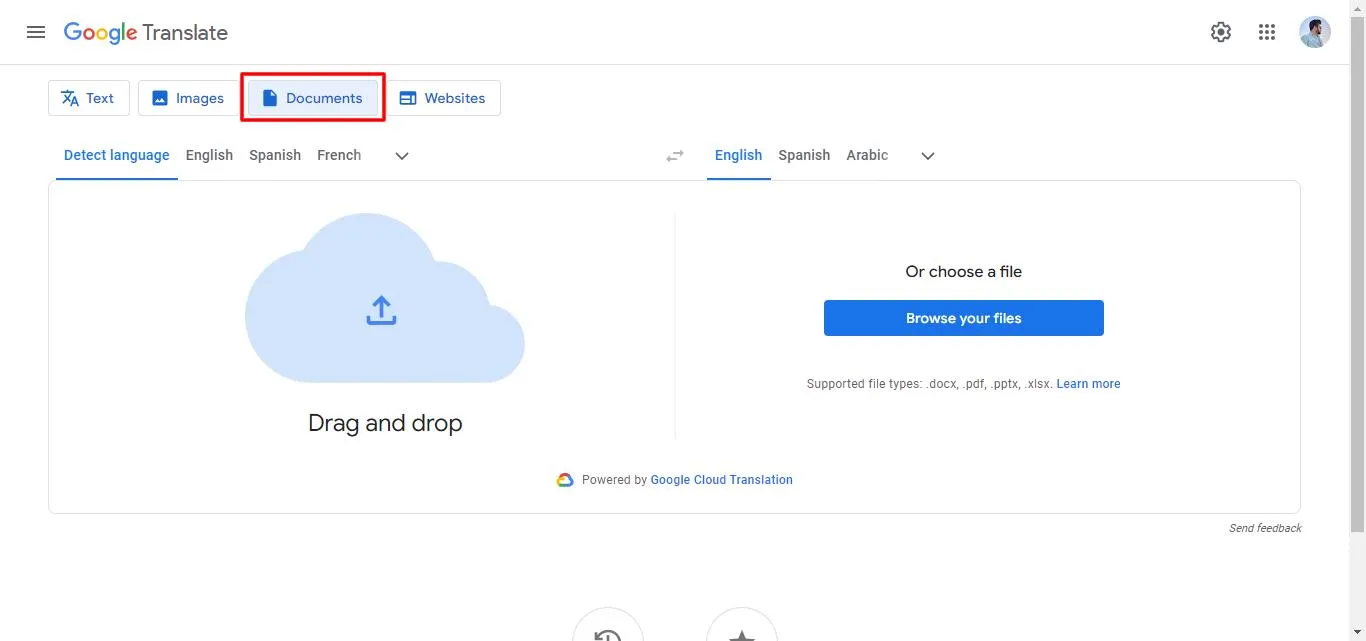 upload your pdf to Google Translate.