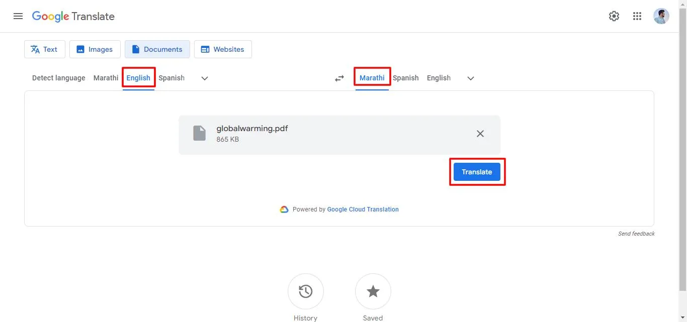 select the language and click translate in Google Translate.