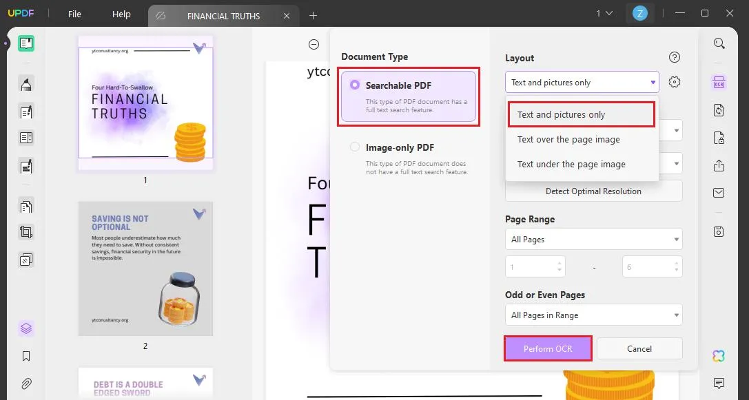 click perform ocr after selecting relevant options.