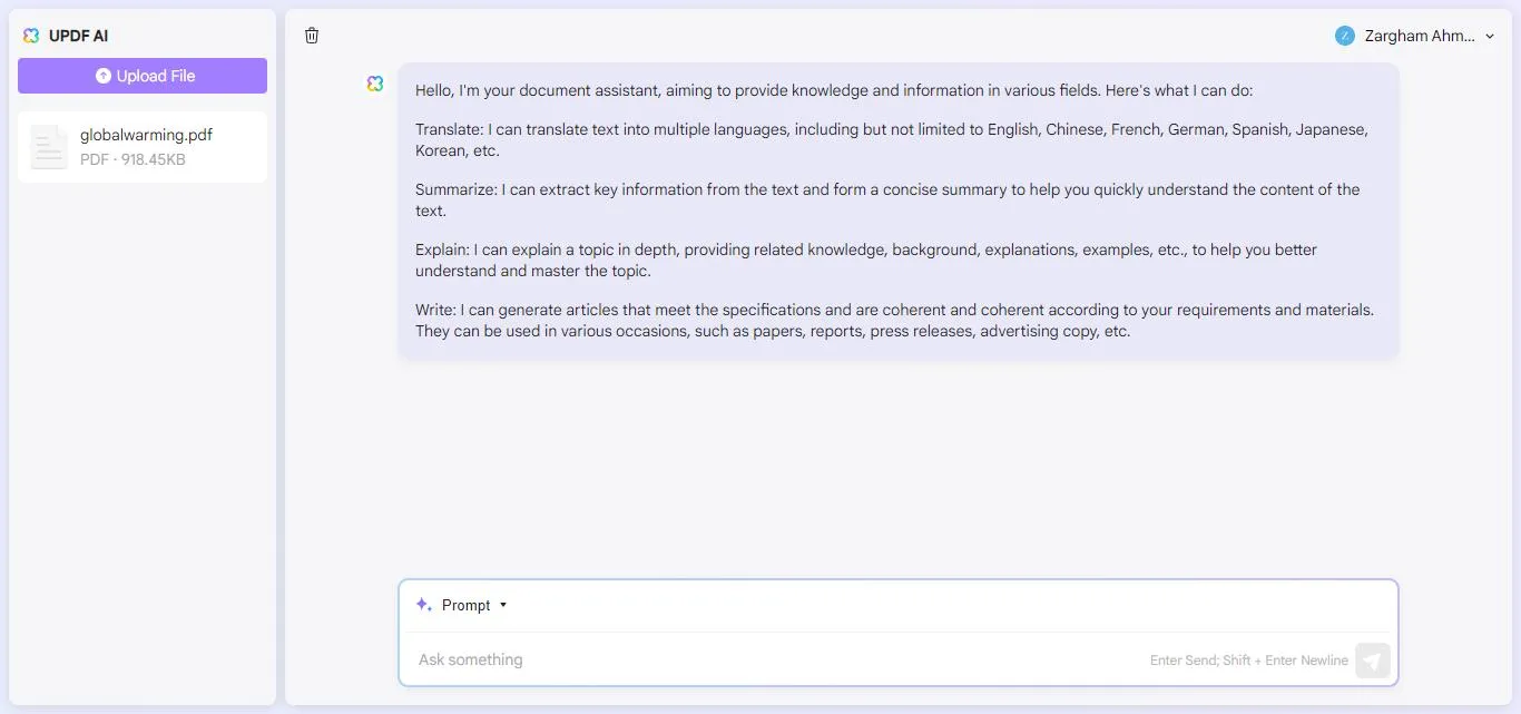 AI assistant online for UPDF
