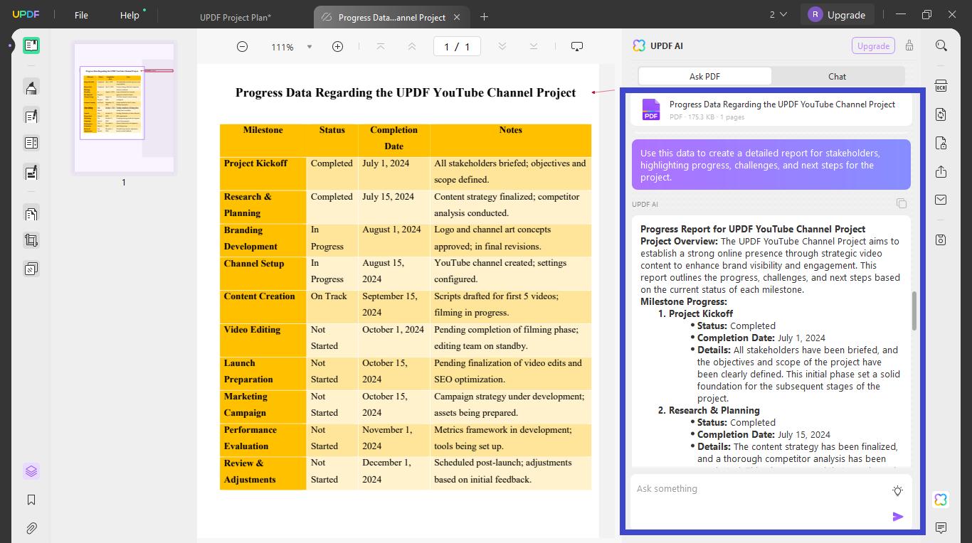 Create a progress report from the data with UPDF's AI Assistant.