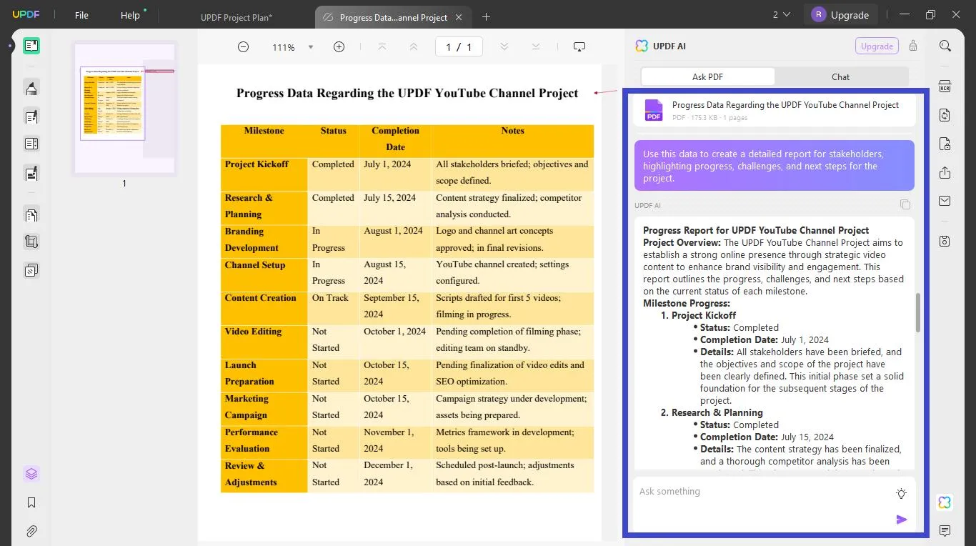 Create a progress report from the data with UPDF's AI Assistant.