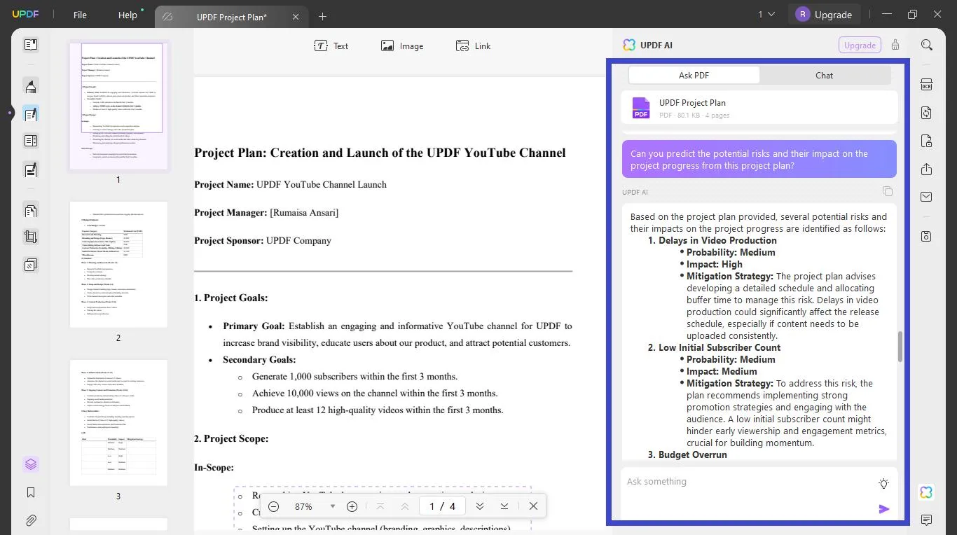 Ask UPDF AI to predict project risks with UPDF's AI Assistant