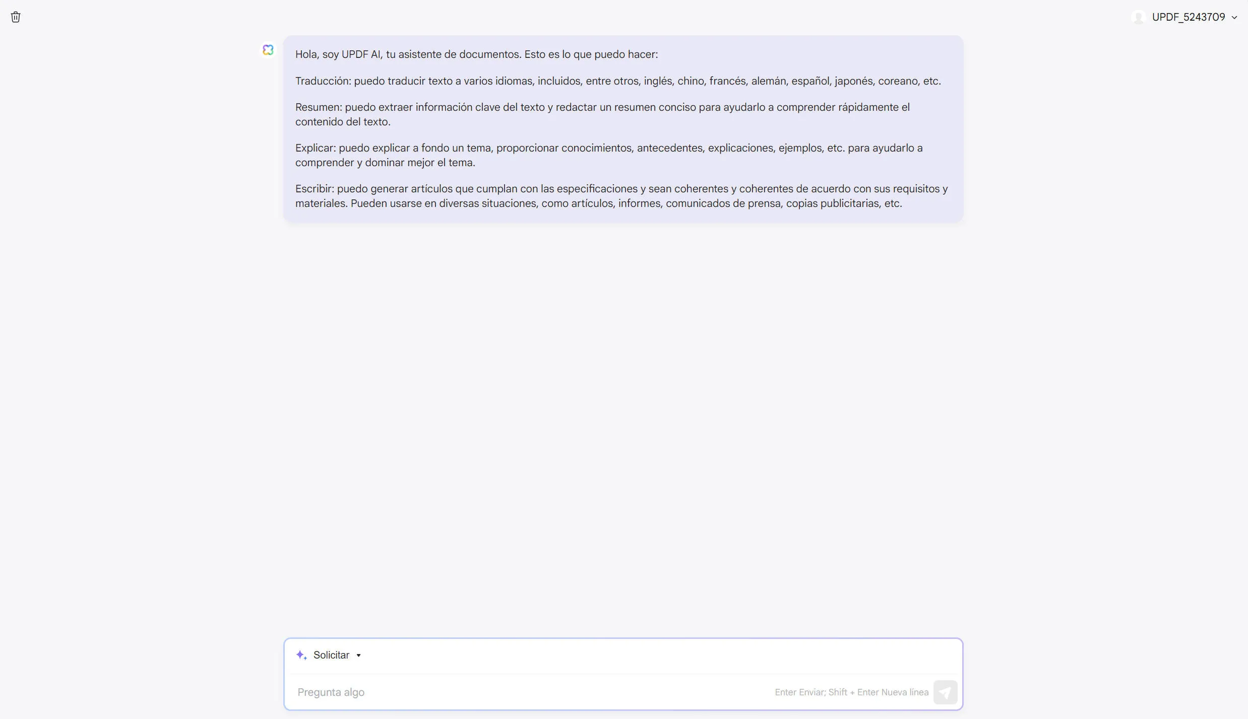 generador de mensajes de ai UPDF AI iniciado sesión