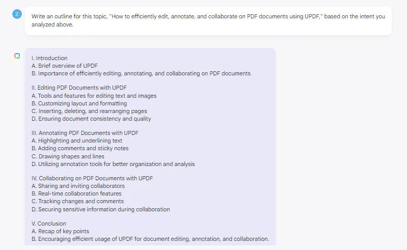 peça ao assistente de IA do updf para escrever um esboço.