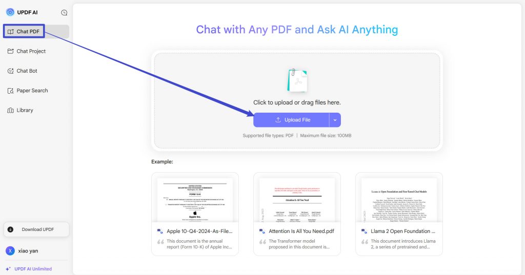 click upload file with UPDF's AI Assistant Online