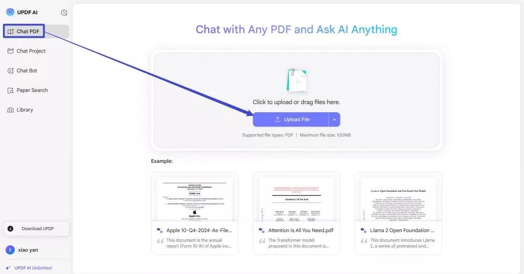 click upload file with UPDF's AI Assistant Online