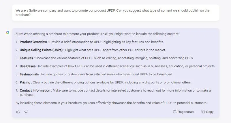 UPDFAIアシスタントに掲載すべきコンテンツを求めてもらう