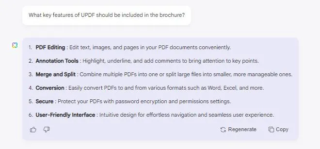 UPDFAIアシスタントに製品の主な特徴を書いてもらう