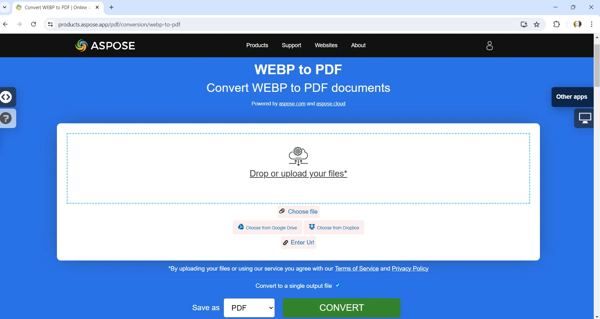 WebP to PDF upload the webp to aspose