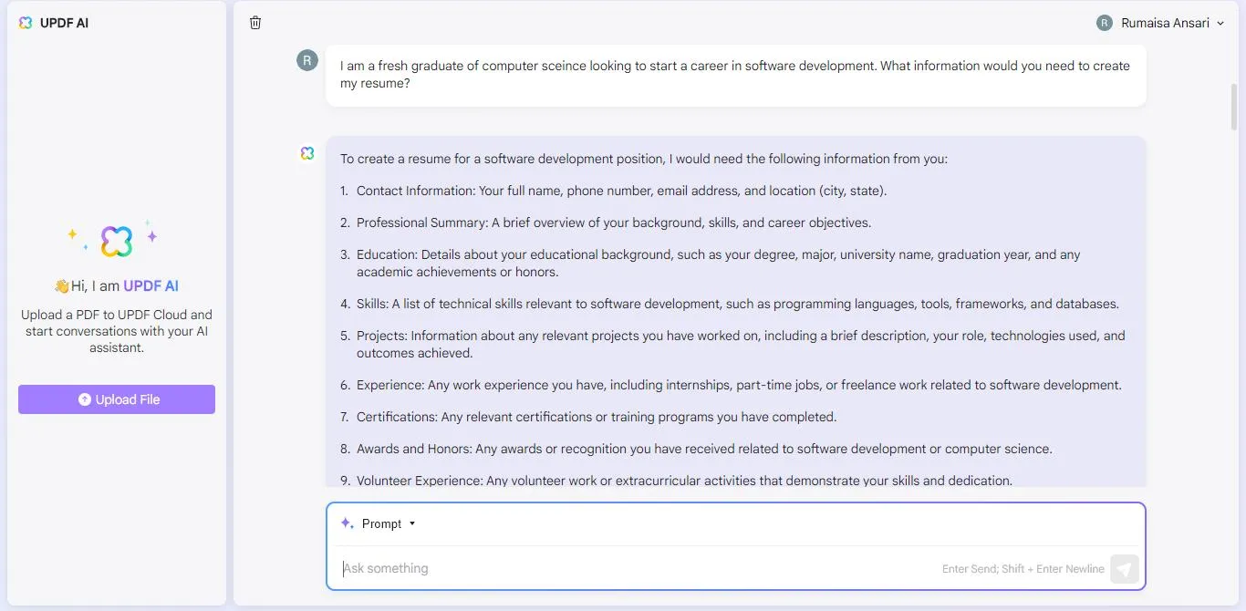 ask for required information to write resume with UPDF's AI Assistant Online