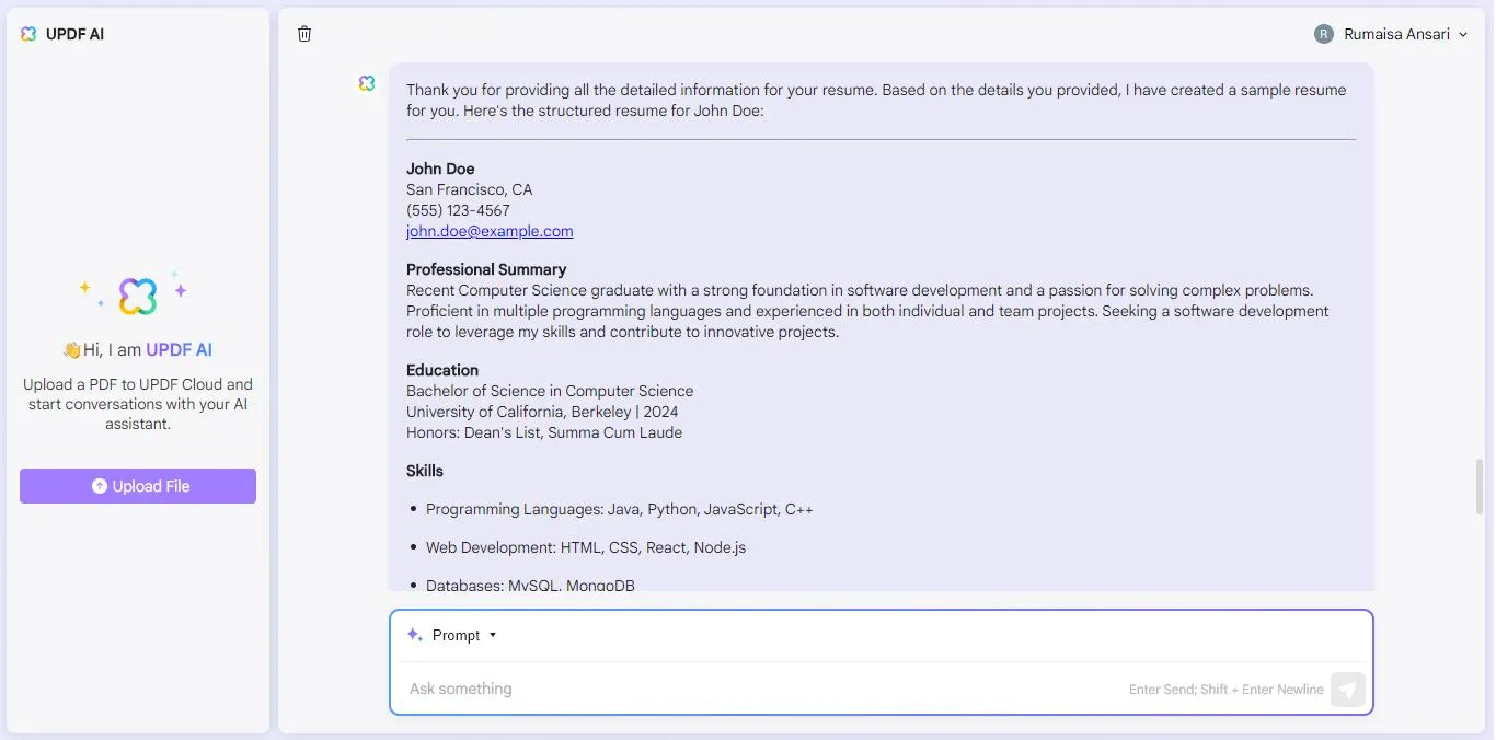 provide the details to generate the resume with UPDF's AI Assistant Online