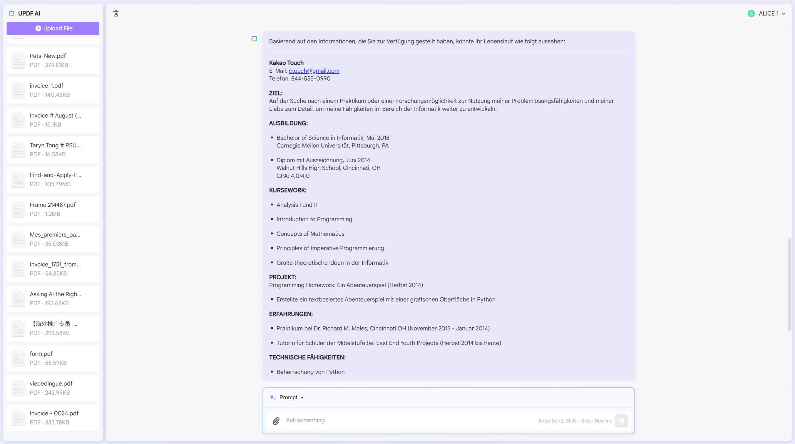 geben Sie die Details für die Erstellung des Lebenslaufs mit dem AI-Assistenten von UPDF Online an