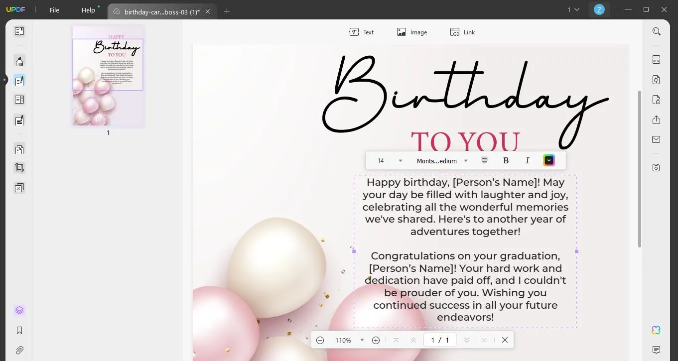 16th birthday wishes replace the sample text with the wish by using UPDF