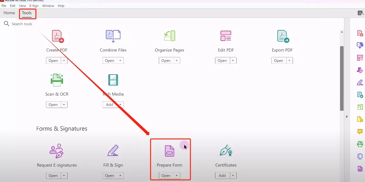 click on the prepare form with adobe acrobat