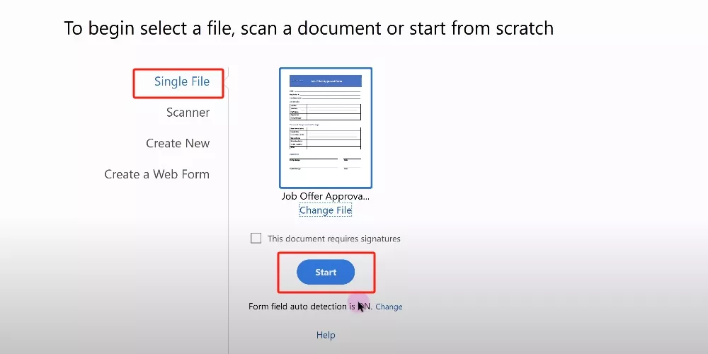 select the PDF form to start with Adobe Acrobat