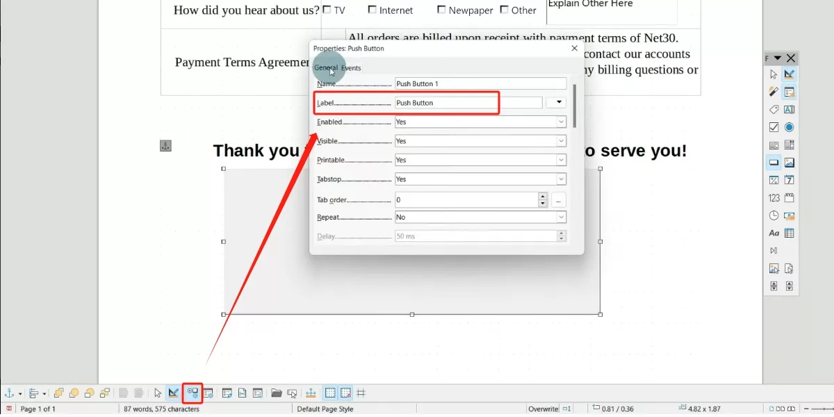 click on the control properties to adjust the button in libreoffice